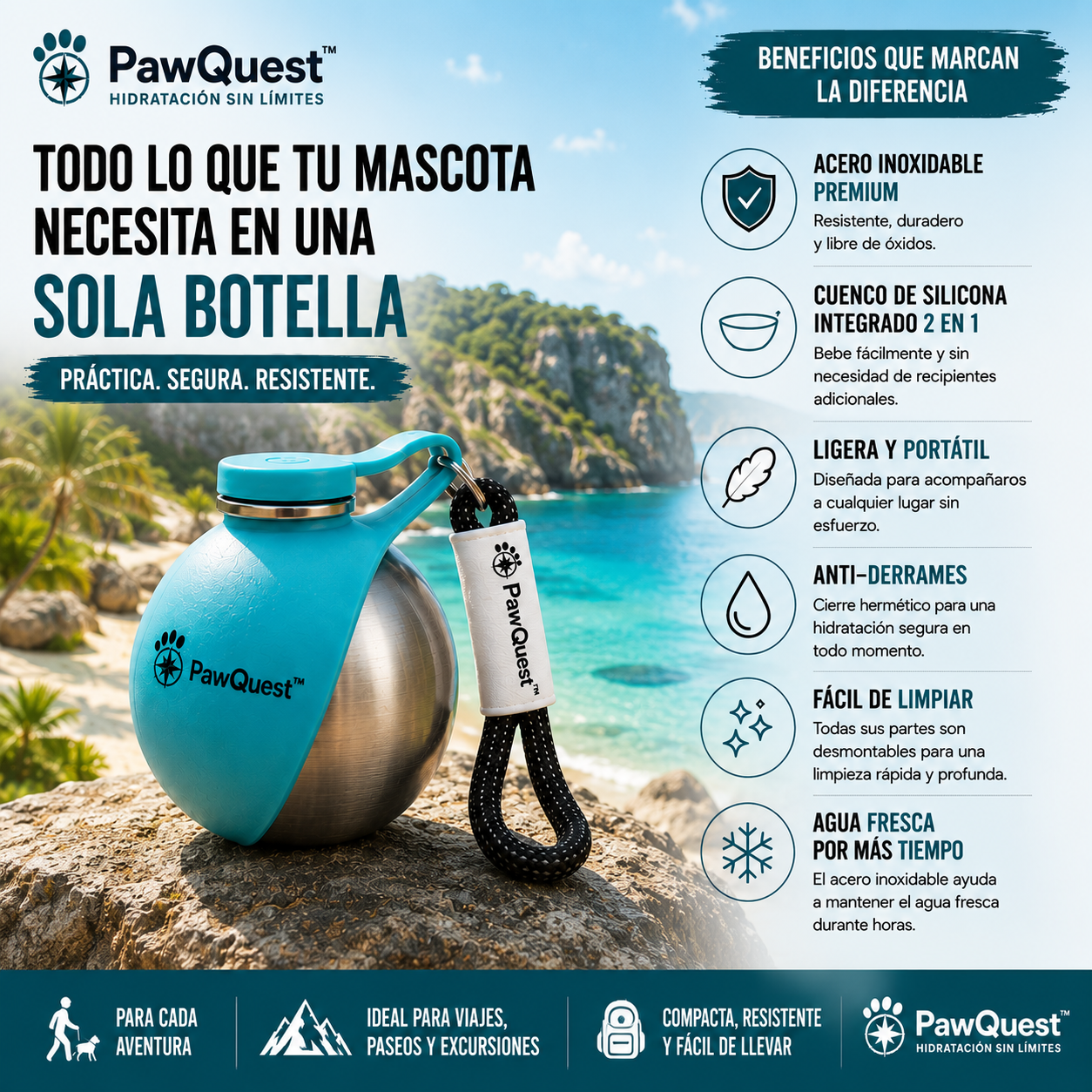 PawQuest™ Botella bebedero portátil para mascotas 2 en 1