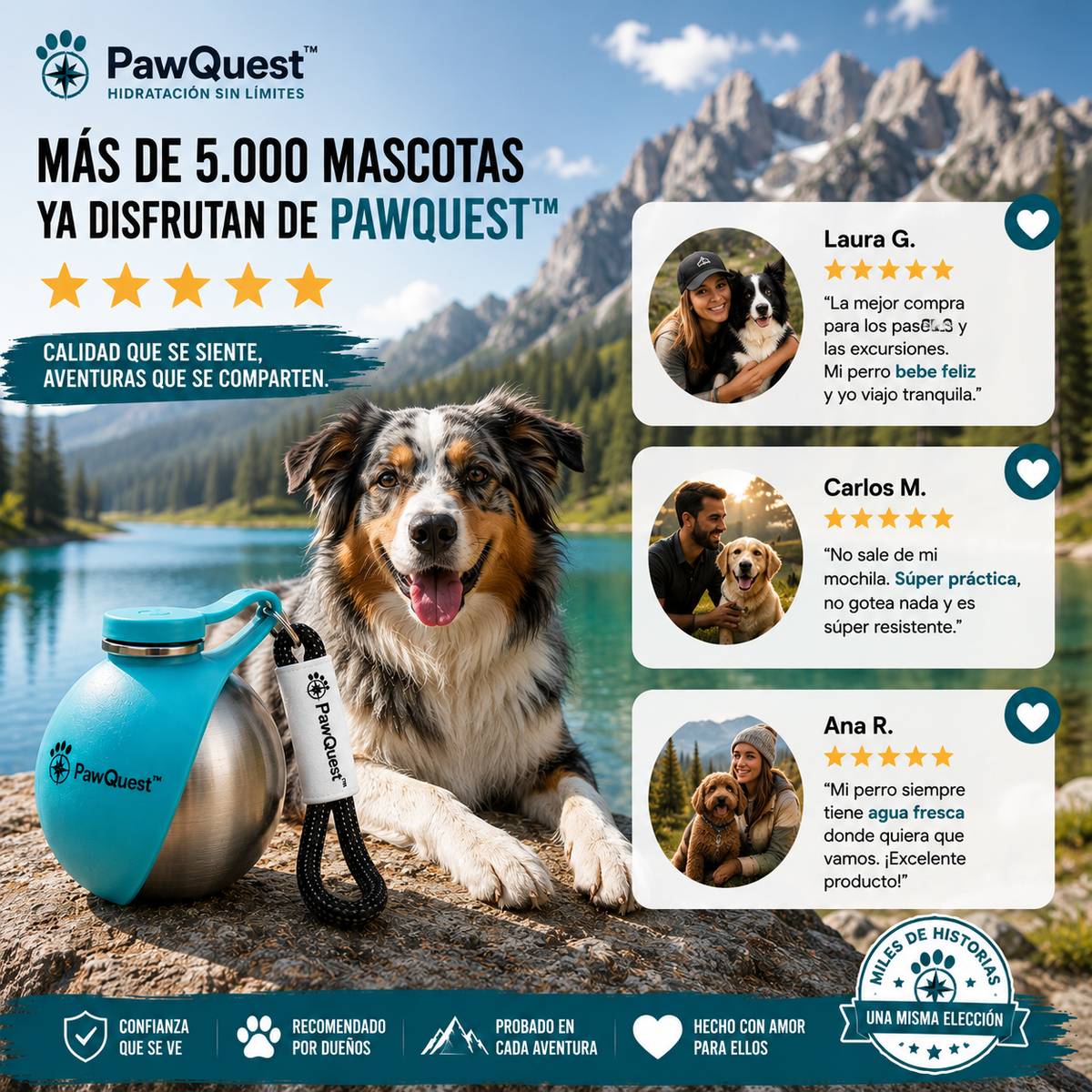 PawQuest™ Botella bebedero portátil para mascotas 2 en 1