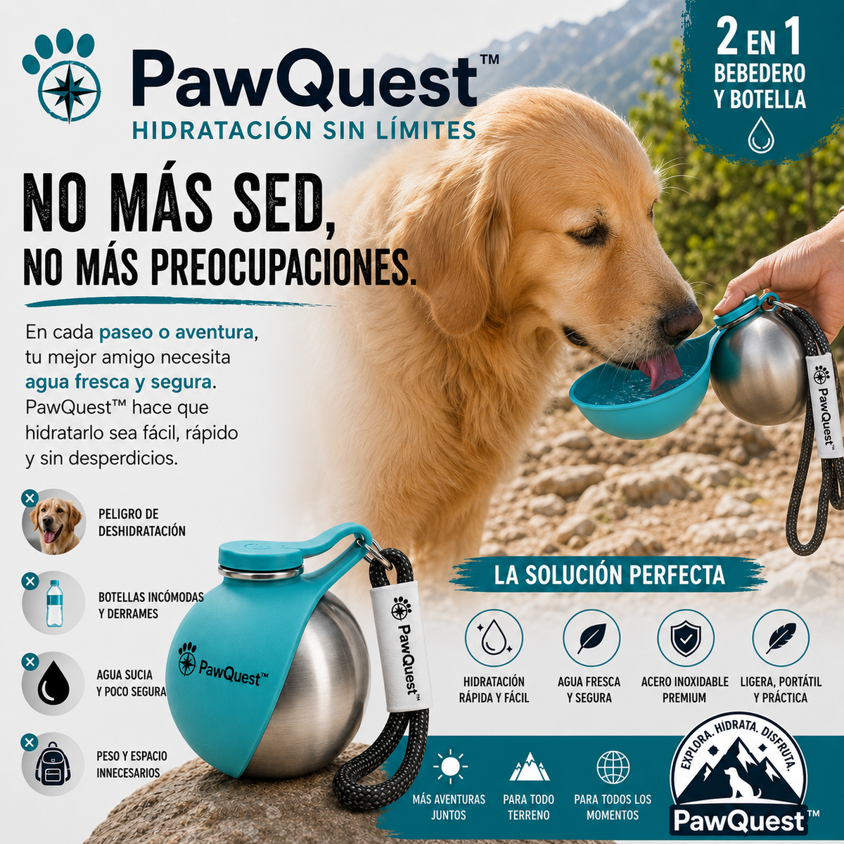 PawQuest™ Botella bebedero portátil para mascotas 2 en 1